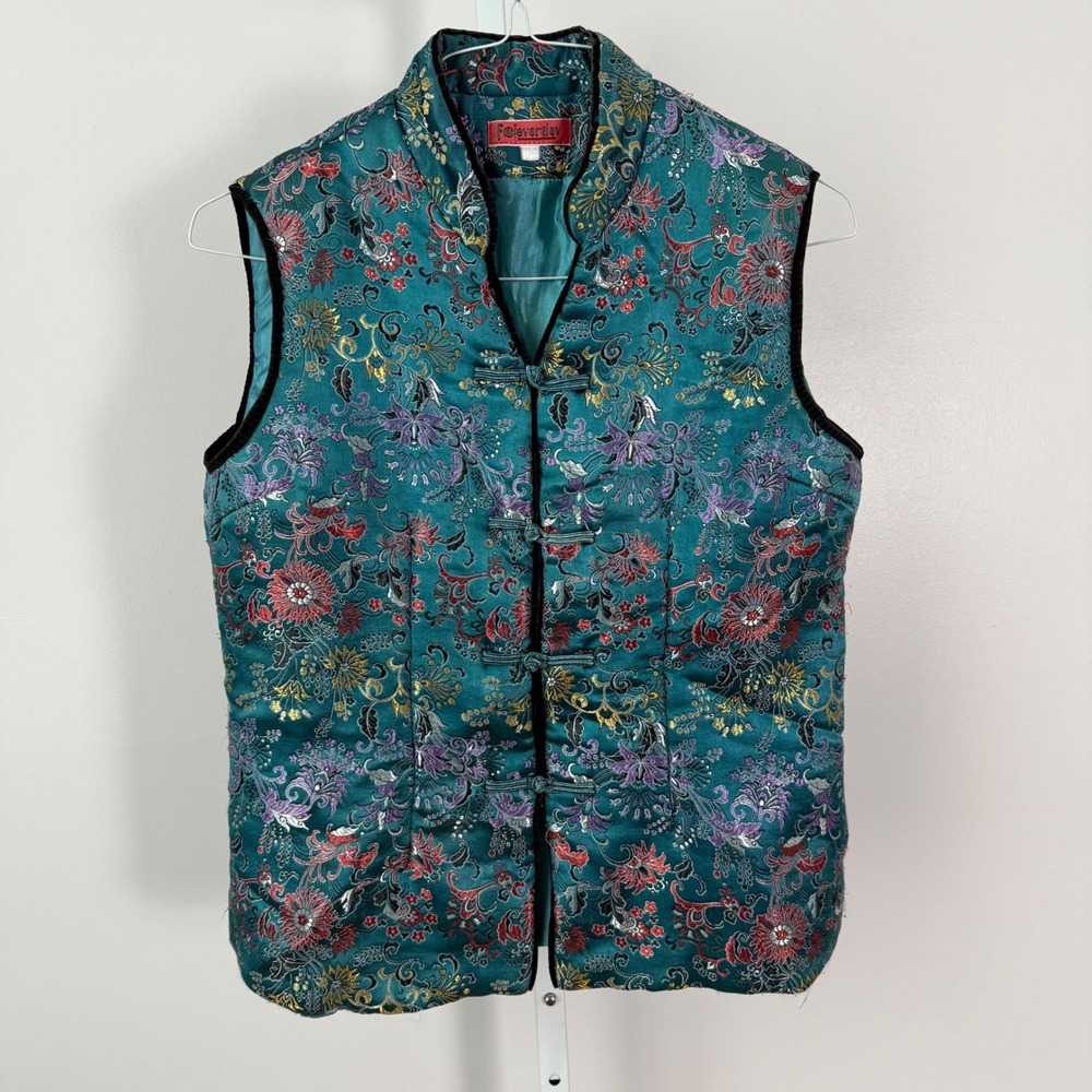 VTG Foieverdev sz LTeal Floral Brocade‎ Mandarin Collar Vest Quilted